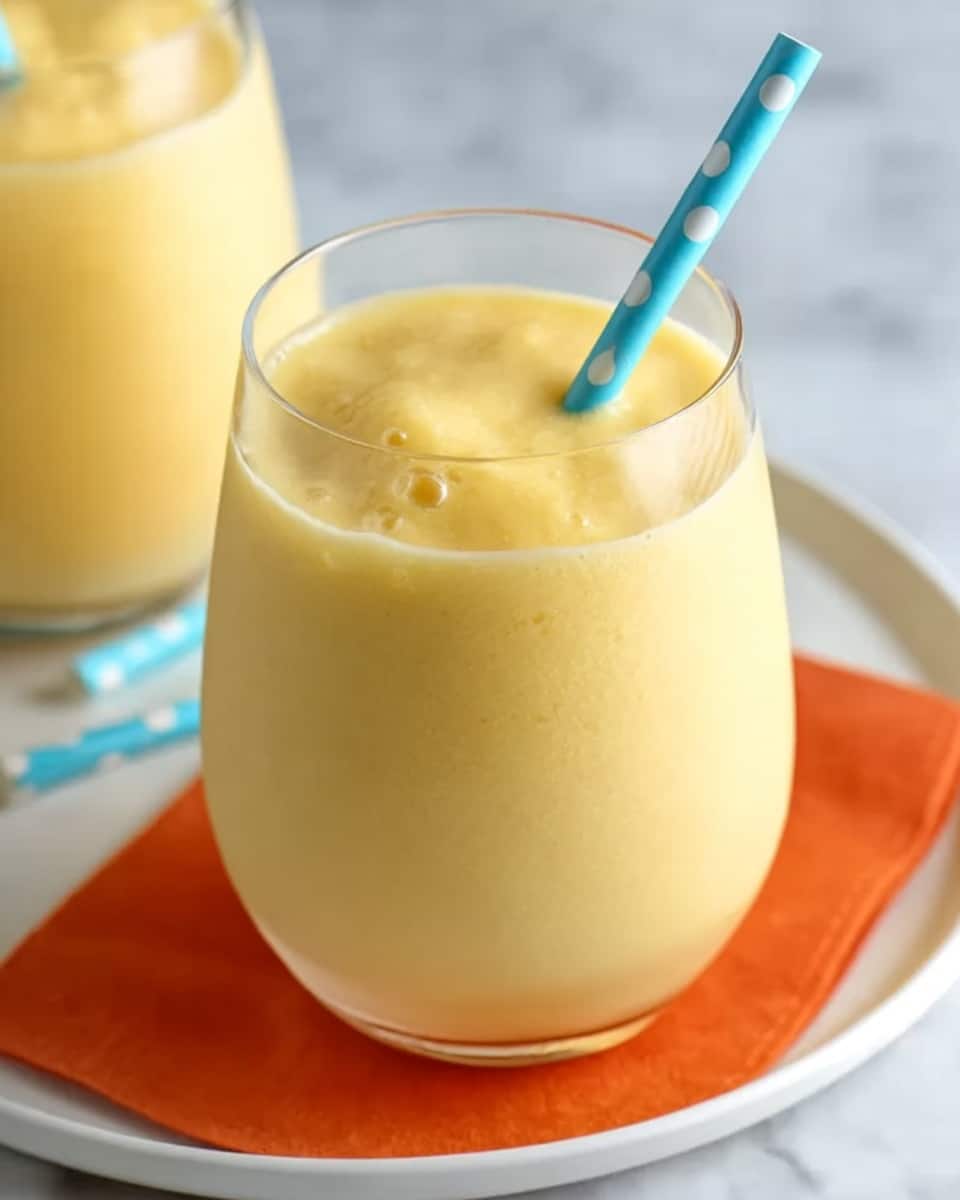The image shows a clear, round glass filled with a thick, creamy yellow smoothie. The smoothie has a smooth, slightly frothy top layer with some small bubbles visible. A blue straw with white polka dots is inserted into the smoothie, leaning slightly to one side. The glass sits on a white plate that has an orange round mat beneath it. The background surface has a white marbled texture, creating a clean and bright setting. Another similar glass partially appears in the background, also with a blue polka dot straw. photo taken with an iphone --ar 4:5 --v 7