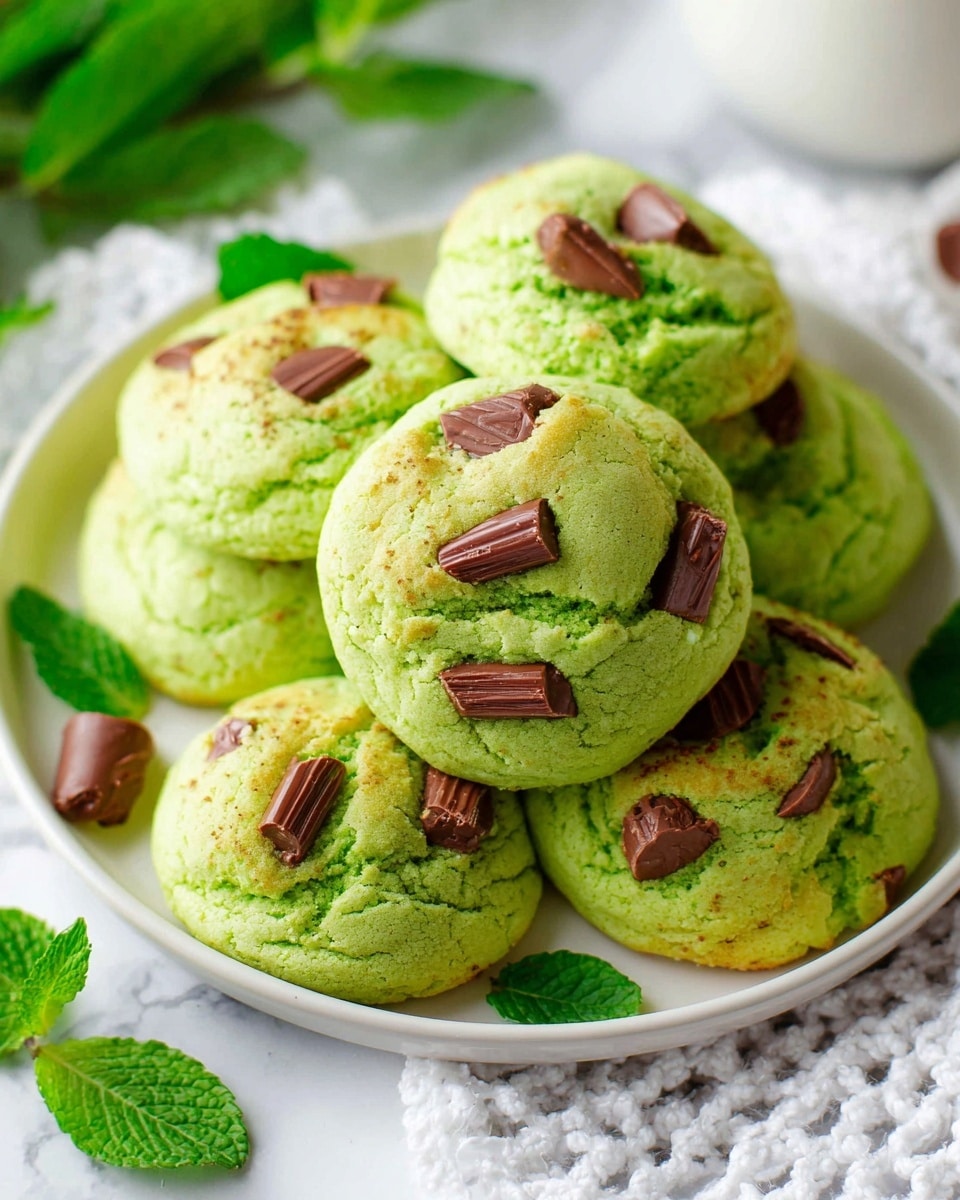 A white plate holds a stack of seven bright green cookies with soft, slightly cracked tops, embedded with irregular chunks and chips of milk chocolate in a rich brown color. The cookies have a fluffy texture with a few golden-yellow spots visible near the edges, showing slight baking browning. Scattered fresh green mint leaves lie around the plate on a white marbled surface. The photo shows a close-up view with a shallow depth of field, highlighting the cookies’ soft texture and the glossy chocolate chunks. photo taken with an iphone --ar 4:5 --v 7
