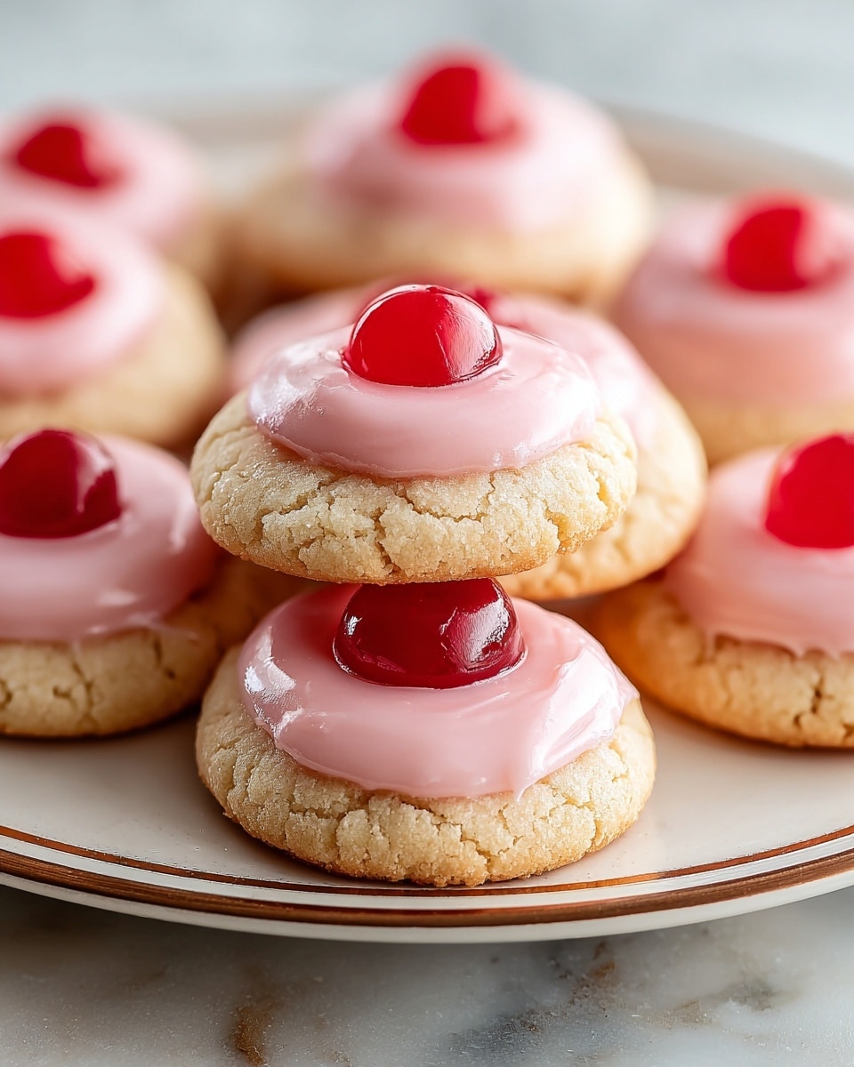 A close-up view of a plate stacked with small round cookies, each cookie having two layers: a light golden brown base with a crumbly texture, topped by a smooth, shiny pink icing layer. At the center of each pink icing layer, there is a glossy, bright red cherry, adding a pop of color and a juicy texture to the soft pastel look of the cookies. The cookies are arranged in a slightly messy pile on a white plate with brown rings near the edge, placed on a white marbled textured surface, creating a clean and bright background. photo taken with an iphone --ar 4:5 --v 7