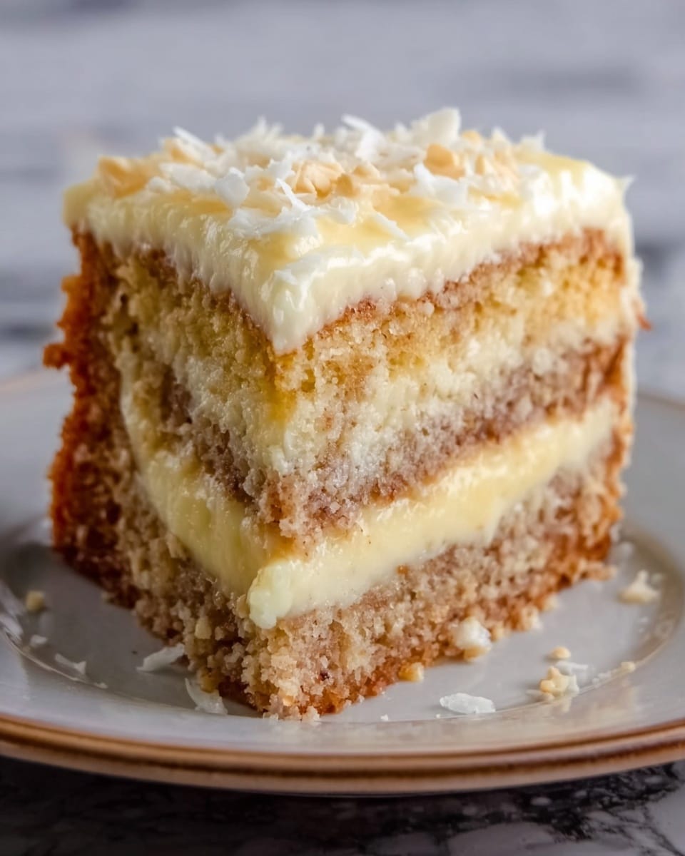 The image shows a close-up of a slice of layered cake on a white plate. The cake has three visible layers: the bottom and middle layers are light brown with a slightly coarse texture, likely nutty or crumbly, while the top and middle fillings are creamy white and smooth. The top layer of frosting is pale yellow and creamy, with small white flakes sprinkled on it. The slice looks moist, soft, and rich. The background is a white marbled texture. photo taken with an iphone --ar 4:5 --v 7