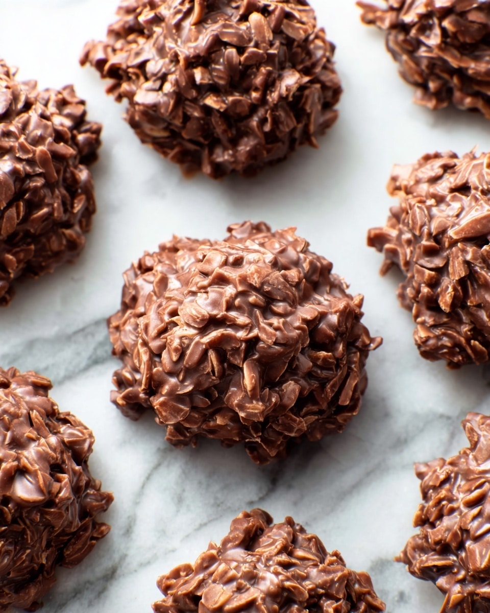 The image shows several round chocolate clusters placed on a white marbled surface. Each cluster is made up of many thin, uneven pieces of chocolate and coconut flakes mixed together, creating a rough and textured outer layer. The clusters are medium brown with lighter and darker chocolate shades, giving them a rich and chunky look. They are arranged closely but not touching, showing their rounded, irregular shapes with small gaps and spikes of chocolate sticking out. Photo taken with an iphone --ar 4:5 --v 7
