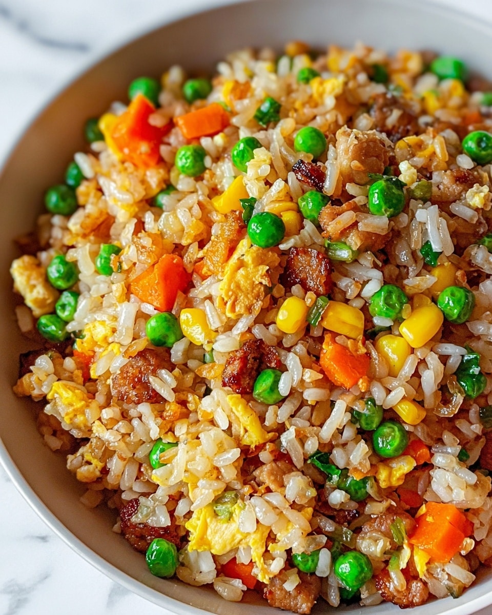 A close-up view of a bowl filled with fried rice, showing one main layer of cooked white rice mixed with small bright green peas, vibrant yellow corn kernels, and pieces of diced orange carrots scattered evenly throughout. The rice is lightly coated with a brownish sauce, giving it a glossy look, and there are small bits of browned meat or tofu mixed in, adding dark brown spots. Small green onion pieces are sprinkled across the dish, adding color contrast. The bowl itself is white, and it sits on a white marbled surface. photo taken with an iphone --ar 4:5 --v 7