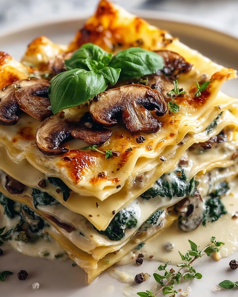 A close-up view of a layered lasagna on a white plate, sitting on a white marbled surface. The lasagna has four visible layers of pale golden pasta sheets with slightly crispy, browned edges. Between the pasta layers are creamy white sauce with specks of black pepper, sautéed dark brown mushrooms, and wilted green spinach leaves. The top pasta layer is covered with melted, bubbly cheese, golden brown in spots, and garnished with sliced, cooked mushrooms and two fresh green basil leaves at the center. Small green herb sprigs and black pepper flakes are scattered on the plate around the lasagna. photo taken with an iphone --ar 4:5 --v 7