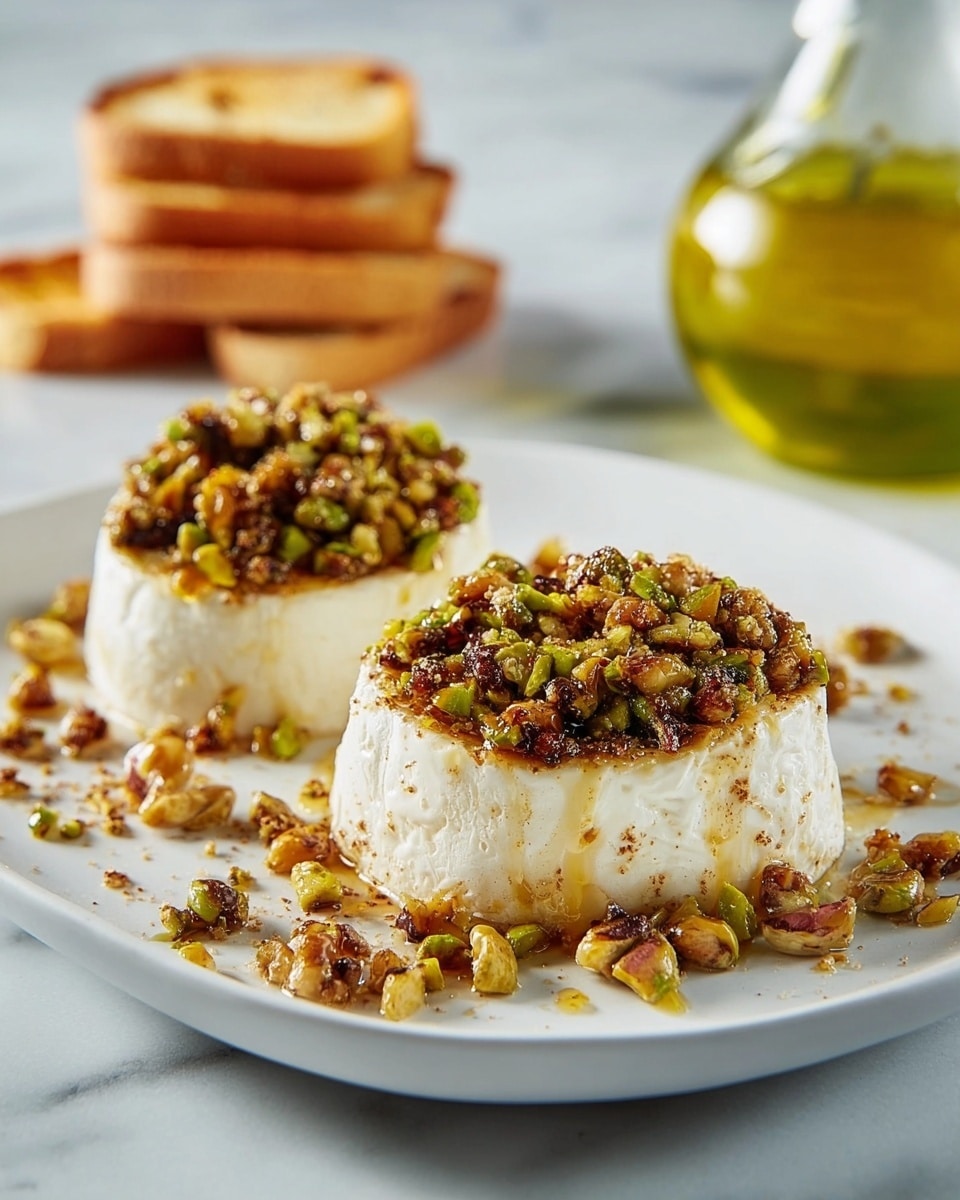 The image shows two round white cheese cakes sitting side by side in a white oval dish filled with amber-colored oil. Each cheese cake has a thick, chunky green and brown nut topping with visible pistachios and other mixed nuts. The cheese is smooth and creamy white, and the dish rests on a white marbled surface with some green herbs placed around the dish. photo taken with an iphone --ar 4:5 --v 7
