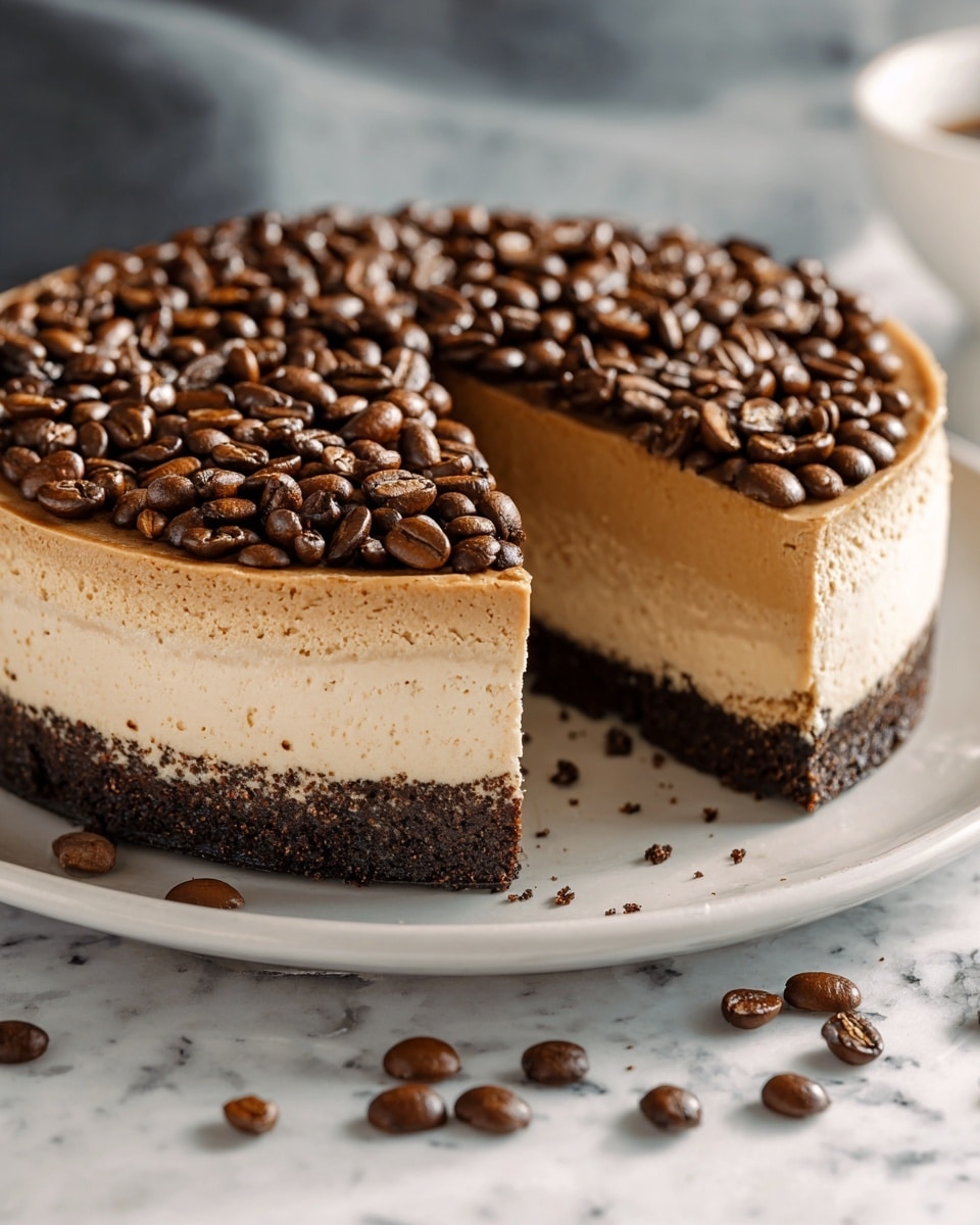 A round coffee-flavored cheesecake with three visible layers sits on a white plate on a white marbled texture. The bottom layer is a dark, crumbly crust, the middle layer is a thick, creamy light brown coffee mousse with a smooth texture, and the top layer is covered with a dense layer of shiny brown coffee beans. The cheesecake has a slice cut out, showing all the layers clearly, with some coffee beans scattered on the white marbled surface around the plate. photo taken with an iphone --ar 4:5 --v 7