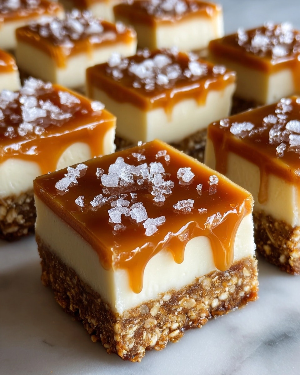 The image shows multiple square dessert bars arranged closely on a white marbled surface, each with three distinct layers. The bottom layer is a textured, crunchy-looking oat and nut base in a deep golden brown color. The middle layer is thick and creamy, off-white with a smooth texture. The top layer consists of a glossy caramel sauce that drips slightly down the sides, topped with coarse sea salt crystals scattered evenly across the surface. The caramel layer has a rich amber tone and a shiny finish, making the dessert look moist and inviting. photo taken with an iphone --ar 4:5 --v 7
