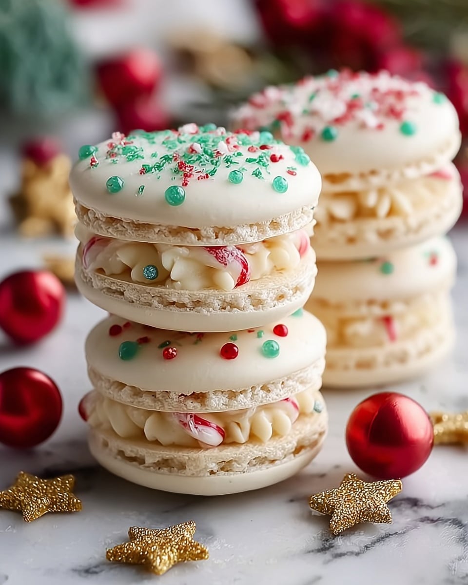 The image shows a stack of two large macarons placed on a white marbled surface. Each macaron has three main layers: the top and bottom shells are white with a slightly cracked texture, and the top shell is sprinkled with small red, green, and white round sprinkles. The middle filling layer is swirled with white and red candy cane stripes, having a smooth creamy texture. The middle shell of the top macaron is pale green and smooth. Around the macarons, there are small gold star decorations and red snowflake candies scattered on the surface, lightly dusted with powdered sugar. In the background, blurred macarons with similar decoration and a white bowl filled with more red candies are visible. photo taken with an iphone --ar 4:5 --v 7