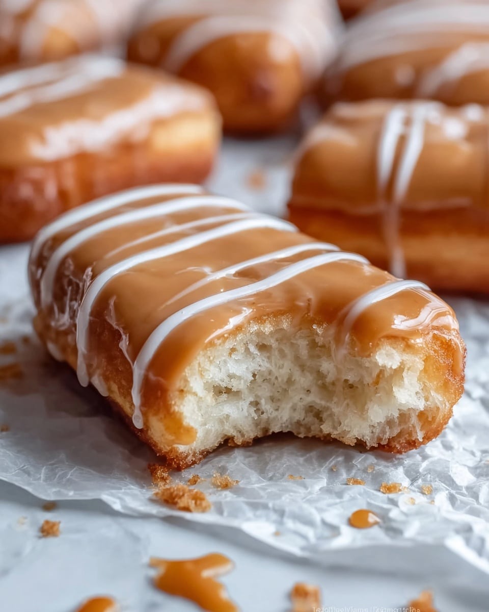 The image shows a close-up of a rectangular donut with a light golden-brown dough base, covered by a thick, smooth caramel glaze on top. Over the caramel glaze, there are thin white icing lines drizzled in a zigzag pattern. The donut has a bite taken out of one end, revealing a soft, airy, and fluffy white inside. More similar donuts are visible blurred in the background, all with the same caramel glaze and white drizzle. The donuts sit on crinkled white parchment paper, which is placed on a white marbled texture surface with a few caramel crumbs scattered around. Photo taken with an iphone --ar 4:5 --v 7