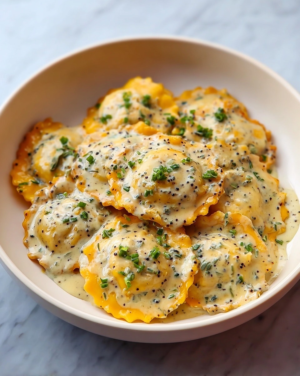 A white bowl filled with round ravioli pasta coated in a creamy sauce with visible herbs. The ravioli are orange with darker edges, and the sauce has a light beige color with flecks of green herbs and black pepper spread evenly over the pasta. Each ravioli piece appears soft and plump, slightly overlapping each other inside the bowl. The dish is garnished with small chopped green herbs sprinkled on top. The bowl sits on a white marbled surface. photo taken with an iphone --ar 4:5 --v 7