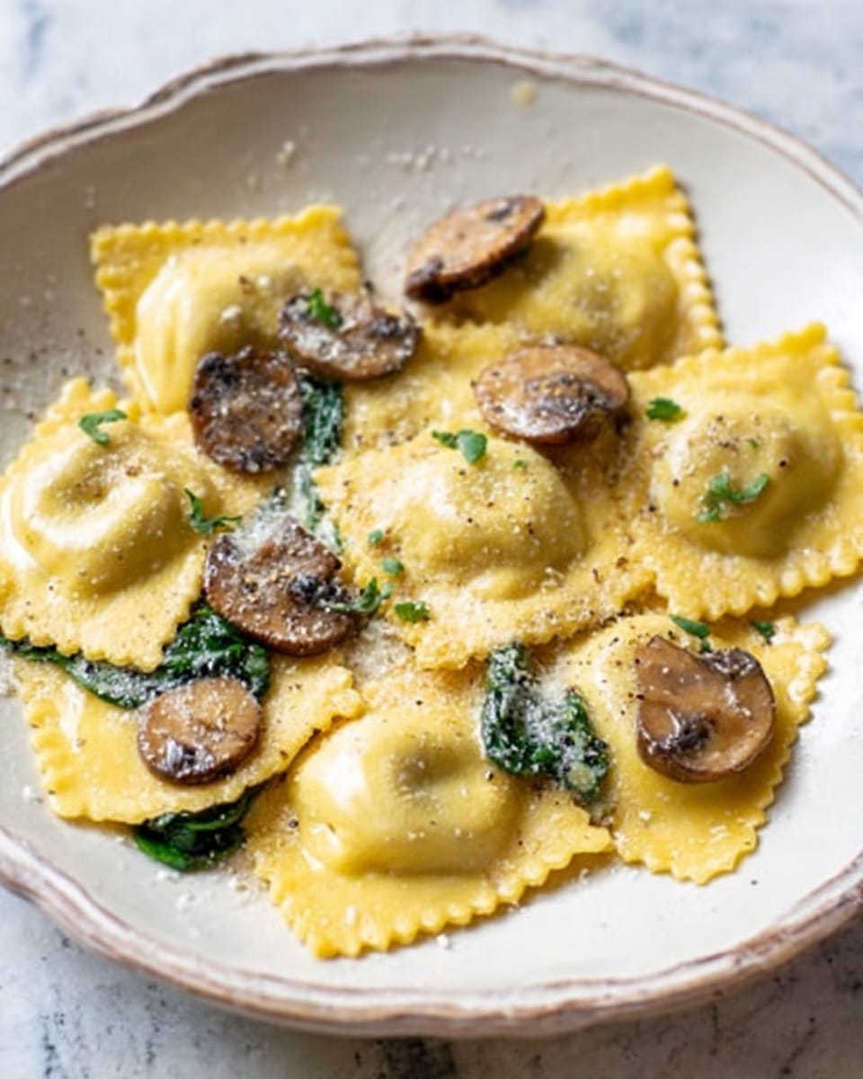 The image shows a close-up of a dish with ravioli as the base layer, which is pale yellow with a slightly glossy texture and scalloped edges, spread across a white bowl. On top of the ravioli are sautéed, glossy brown mushrooms with a soft texture, arranged evenly. There are also wilted dark green spinach leaves scattered throughout, adding contrast in color and texture. The dish is finished with a light golden-brown sauce that gives a slight shine to everything, and a sprinkle of black pepper and small green herb pieces on top. The whole plate is set against a white marbled texture background. photo taken with an iphone --ar 4:5 --v 7