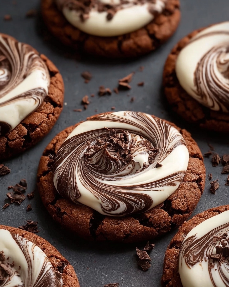 The image shows several round chocolate cookies with a cracked, rough texture as the bottom layer. Each cookie is topped with a thick swirl of white and dark brown cream, creating a marbled effect with smooth, soft folds. The cream forms one large layer on top of the cookie, with the dark brown color mixed evenly through the white, giving a spiral pattern. Small chocolate shavings and bits are scattered on the surface of the cookies, adding texture. The cookies are placed directly on a dark, matte surface. Photo taken with an iphone --ar 4:5 --v 7