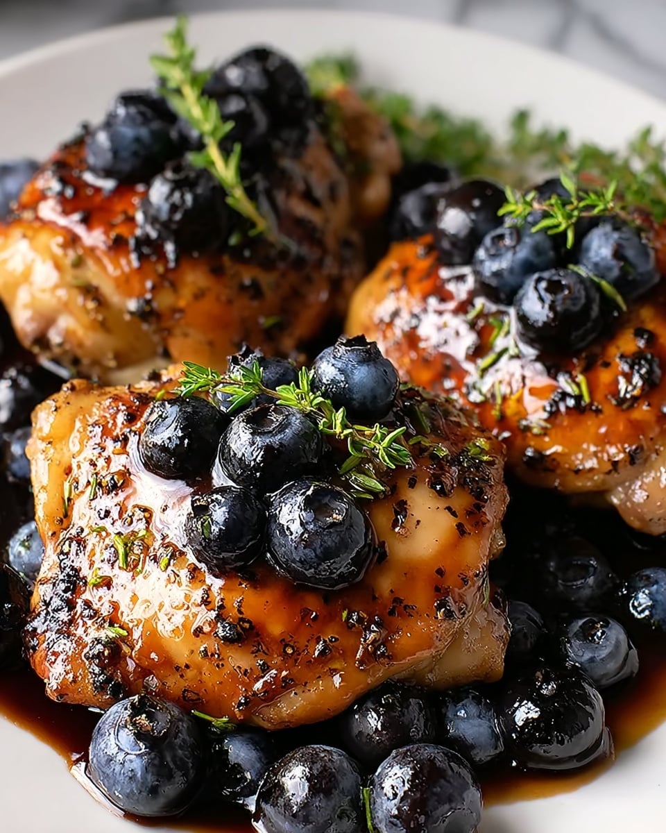 The image shows three grilled chicken thighs placed closely together on a white plate, resting on a white marbled surface. Each chicken thigh has a browned and slightly charred texture with visible black pepper and herbs on top. The chicken is topped with glossy, dark purple blueberries and small green sprigs of thyme, adding a fresh touch. Surrounding the chicken on the plate are more blueberries, some sitting in a dark, thick sauce that glistens under the light, enhancing the juicy look of the dish. The close-up shot highlights the shiny glaze on the chicken and the contrasting colors of the blueberries and herbs. Photo taken with an iphone --ar 4:5 --v 7