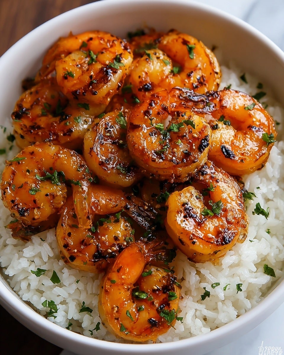 A close-up view of a bowl filled with a layer of white, fluffy cooked rice at the bottom, topped with a generous layer of grilled shrimp that have a shiny, golden-orange color with slight char marks and black seasoning flakes. Small green chopped herbs are sprinkled evenly over the shrimp and rice, adding a fresh contrast. The bowl itself is white, and it sits on a white marbled textured surface. Photo taken with an iphone --ar 4:5 --v 7