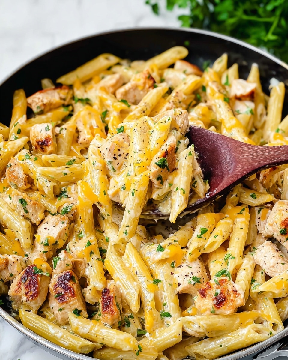 A close-up view of a pan filled with creamy pasta made of pale yellow penne mixed with pieces of white chicken and small bits of bacon. The dish is covered by a layer of melted golden-yellow cheddar cheese, sprinkled with chopped green herbs and black pepper. A wooden spoon is lifting some pasta, showing the gooey, cheesy texture wrapped around the penne. The pan is on a white marbled surface with green leaves in the background. photo taken with an iphone --ar 4:5 --v 7