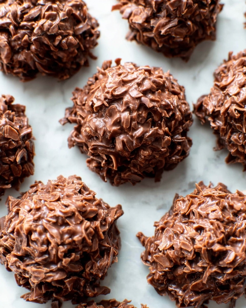 The image shows a close-up of several round chocolate clusters on a white marbled surface. Each cluster is rough and textured with visible small, thin pieces of coconut mixed into smooth, melted chocolate that forms the outer layer. The clusters have uneven surfaces with a mix of light and dark brown colors from the chocolate and coconut. They are scattered closely together, filling the frame, showing the richness and thickness of the chocolate covering. Photo taken with an iphone --ar 4:5 --v 7