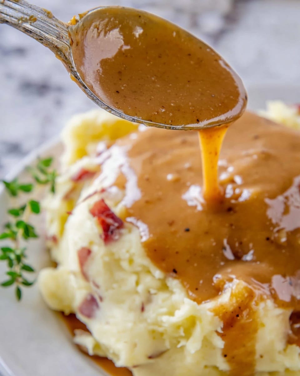 A close-up view of a white bowl filled with creamy mashed potatoes that have small bits of red skin visible, showing a soft and smooth texture. The top layer is covered generously with thick brown gravy that drips down the sides of the mashed potatoes, creating a shiny, rich look. The bowl sits on a white marbled surface, and the image focuses on the front edge of the dish with some sauce pooling slightly around it. Photo taken with an iphone --ar 4:5 --v 7