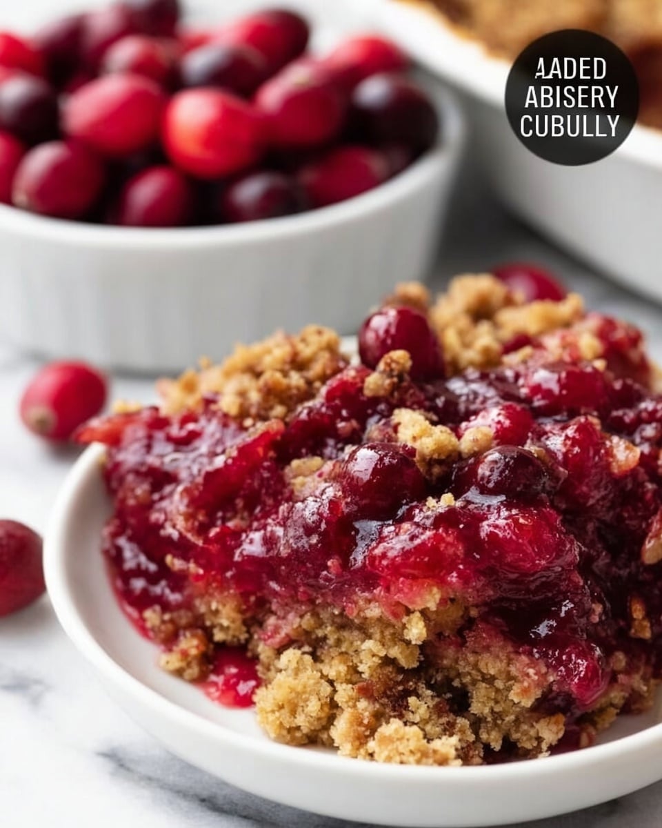 A close-up of a dessert served in a white bowl, showing a thick crumbly layer of golden brown crust with nuts mixed in at the bottom, topped with bright red cooked cranberries that look juicy and slightly glossy. Behind the bowl, there is a white bowl filled with whole fresh cranberries, with some cranberries scattered on a white marbled surface. The image shows the dessert textures clearly, with the crumb layer rough and crumbly, and the cranberry topping shiny and soft. Photo taken with an iphone --ar 4:5 --v 7