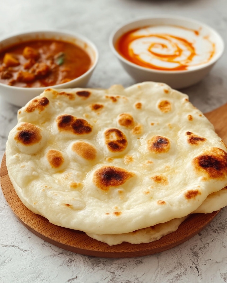 The image shows a round piece of naan bread with a soft, fluffy texture and several golden-brown toasted bubbles on the surface varying in size, placed on a wooden round board. In the background, there are two white bowls; one bowl contains a reddish-orange curry with visible spices and herbs, and the other bowl holds a white yogurt sauce with a swirl of reddish-orange sauce on top. The whole setup is placed on a white marbled surface. photo taken with an iphone --ar 4:5 --v 7