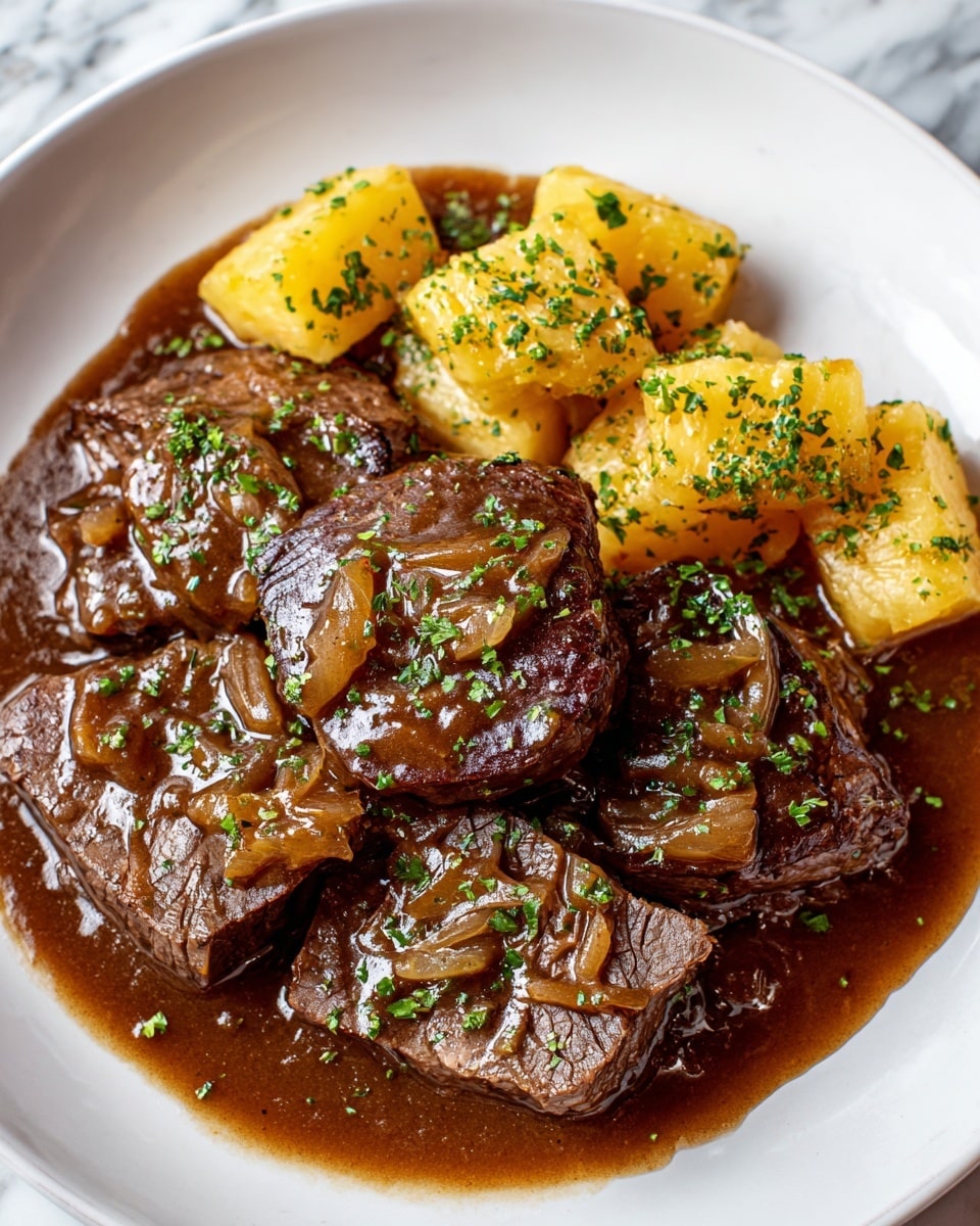 The image shows a white plate with several pieces of brown, slow-cooked beef covered in shiny, thick brown gravy, topped with finely chopped green herbs. Around the beef, there are triangular chunks of yellow potatoes sprinkled with the same green herbs. The plate rests on a white marbled surface. photo taken with an iphone --ar 4:5 --v 7