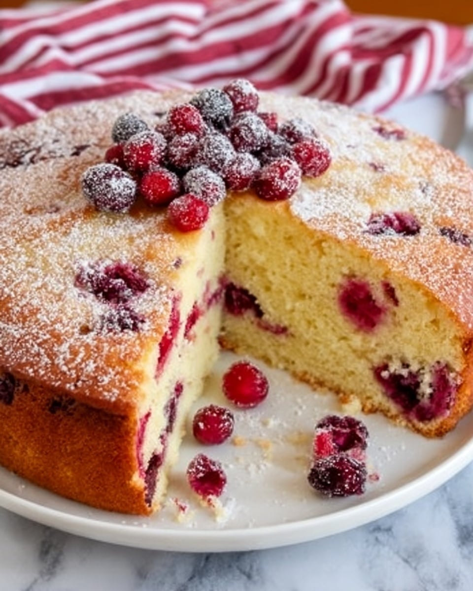 The image shows a round cake with a golden brown top sprinkled with powdered sugar and red berries scattered both on top and inside. One slice is cut out, revealing a light, soft yellow inside with mixed red berries embedded throughout. The cake sits on a white plate placed on a white marbled surface. A red and white striped cloth is partially visible in the background. Photo taken with an iphone --ar 4:5 --v 7