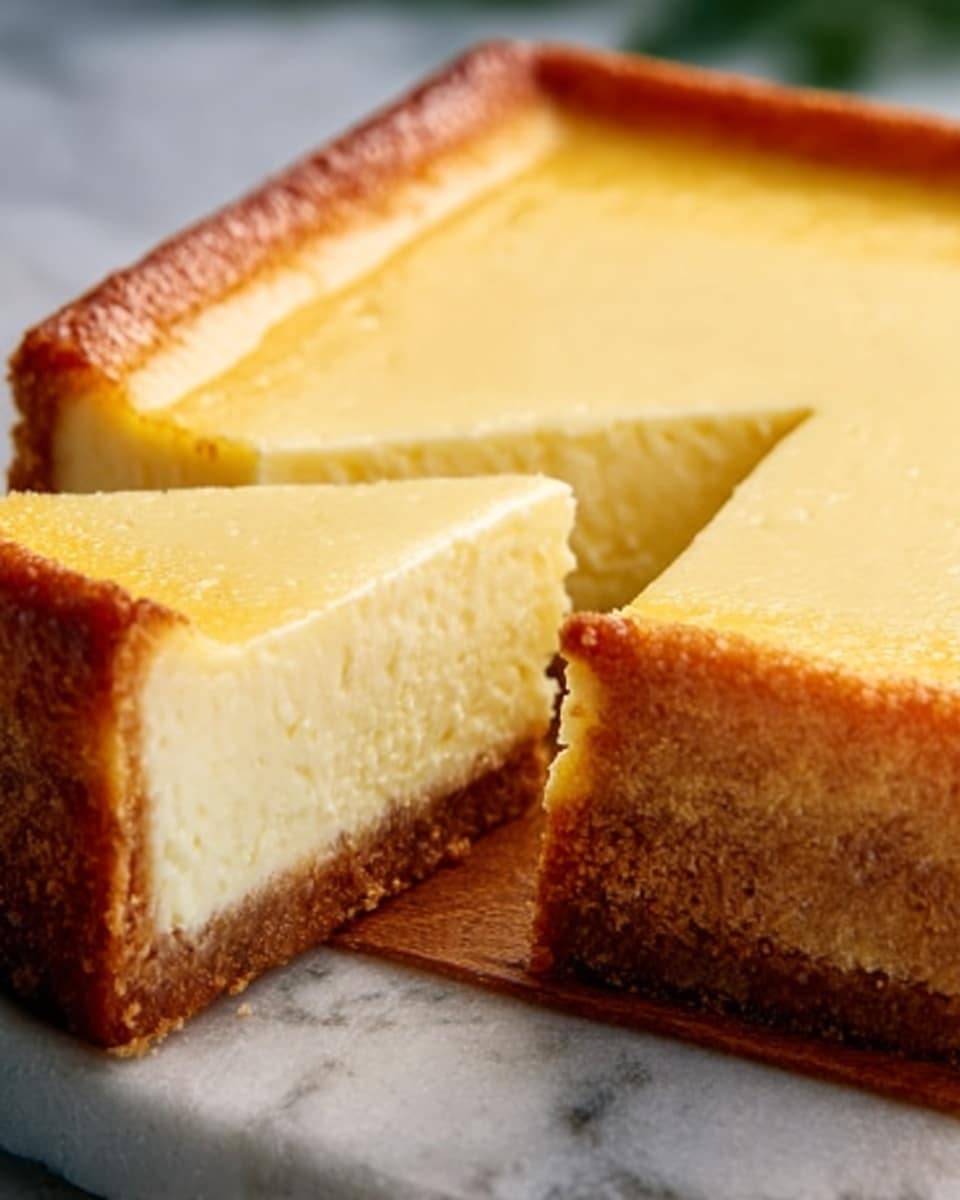 A close-up of a square cheesecake with three distinct layers on a white plate. The top layer is smooth and golden brown with a slightly shiny texture. The middle layer is creamy white and thick, showing a soft and dense texture. The bottom layer is a light brown crust, crumbly and firm, forming a solid base. One slice is cut and partially pulled out, revealing the clean, sharp edges of the layers. The background is a white marbled texture. Photo taken with an iphone --ar 4:5 --v 7