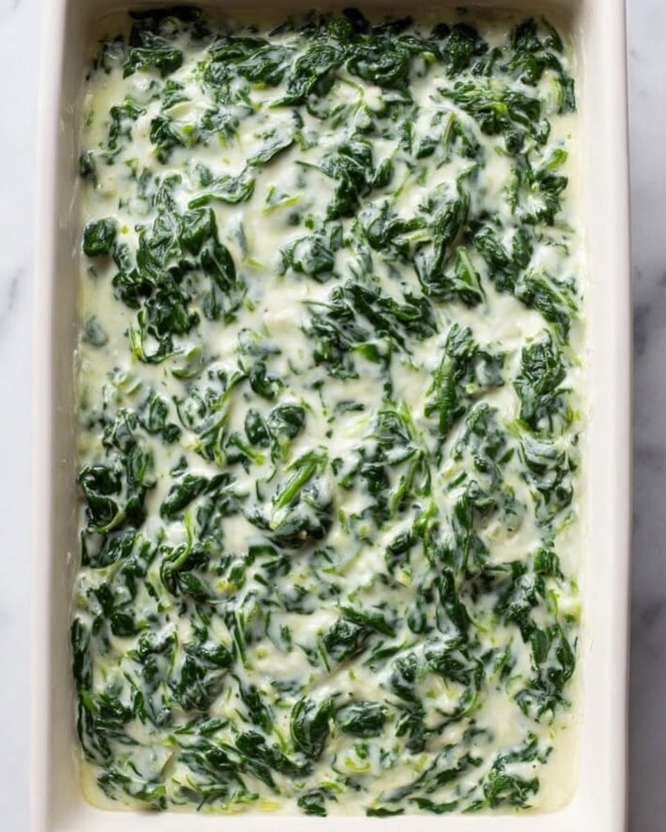 A white rectangular dish filled with creamy spinach, showing one layer consisting of dark green cooked spinach leaves mixed evenly in a thick, pale off-white cream sauce; the texture looks soft and slightly lumpy with visible pieces of spinach throughout. The dish is placed on a white marbled surface. Photo taken with an iphone --ar 4:5 --v 7