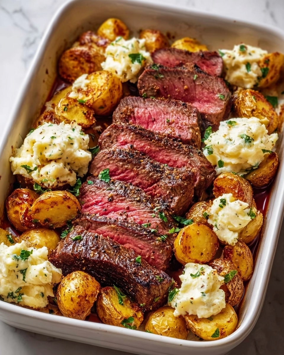 The dish shows five slices of cooked steak placed side by side in the middle of a white rectangular dish, each slice revealing a pink and juicy center with a dark, peppered crust on the edges. Surrounding the steak are golden-brown roasted potato halves with crispy skins and visible seasoning. Dollops of creamy white mashed potatoes with a smooth texture and specks of green herbs are scattered among the potatoes. The overall look is hearty and inviting, with the colors of rich brown, pink, golden yellow, and white all contrasting nicely on a white marbled surface. Photo taken with an iphone --ar 4:5 --v 7