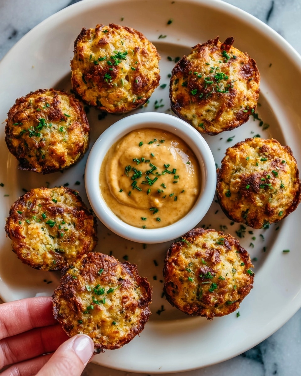 The image shows seven golden-brown baked muffins arranged in a circle on a white plate, each muffin having a crispy, slightly textured top with a few green herb sprinkles. In the center of the plate is a small white bowl filled with creamy, light brown dipping sauce that has small green herb bits on top. The muffins have a slightly rough surface and appear fluffy inside. The background is a white marbled texture. Photo taken with an iphone --ar 4:5 --v 7