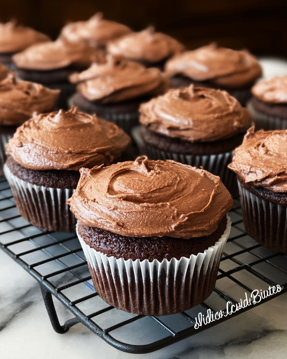 A close-up view of twelve chocolate cupcakes arranged in rows on a black cooling rack, each cupcake has one layer of thick, smooth, light brown chocolate frosting spread unevenly on top, showing soft, creamy texture with swirled patterns. The cupcake liners are white with dark brown stripes, showing a contrast against the dark chocolate cake base. The background shows wooden chairs and soft window light, while the surface below the rack has been changed to a white marbled texture. Photo taken with an iphone --ar 4:5 --v 7