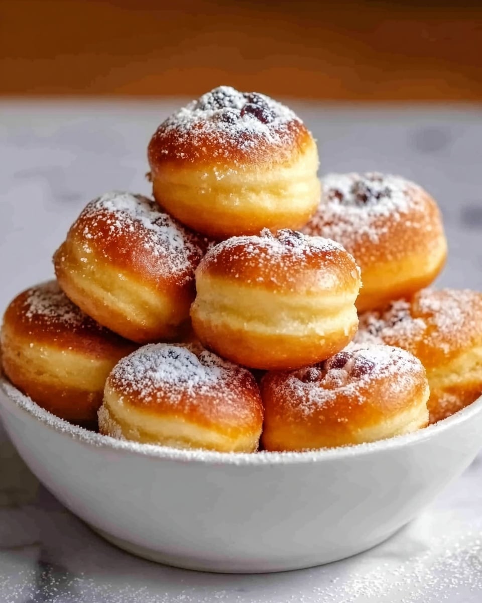 A stack of about a dozen small, round golden brown doughnuts sits inside a white bowl. Each doughnut has a light dusting of powdered sugar on top with a few pieces of crushed nuts sprinkled over them. The doughnuts’ tops are shiny and slightly glazed, with a soft texture visible on the sides. The bowl rests on a white marbled surface, and the warm lighting highlights the doughnuts’ golden color. photo taken with an iphone --ar 4:5 --v 7