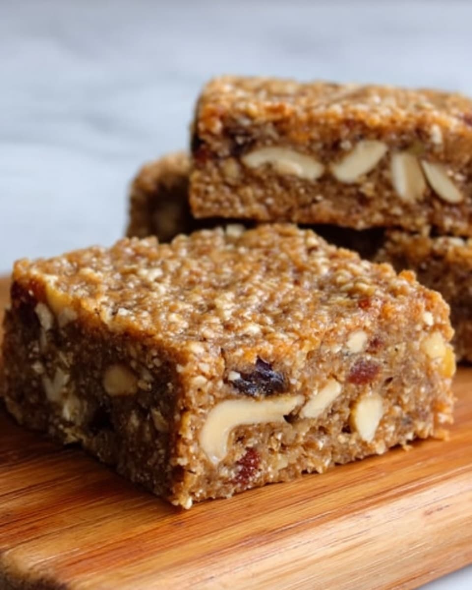 The image shows two square nut bars with a coarse, bumpy texture on top, filled with chopped nuts and small pieces of dried fruit visible throughout. The bars have a light brown color with darker spots from the nuts and lighter bits from the dried fruit, with a soft but firm appearance. They are placed on a wooden board with the focus on one bar in front and the second slightly out of focus behind it. The background is a white marbled texture. photo taken with an iphone --ar 4:5 --v 7