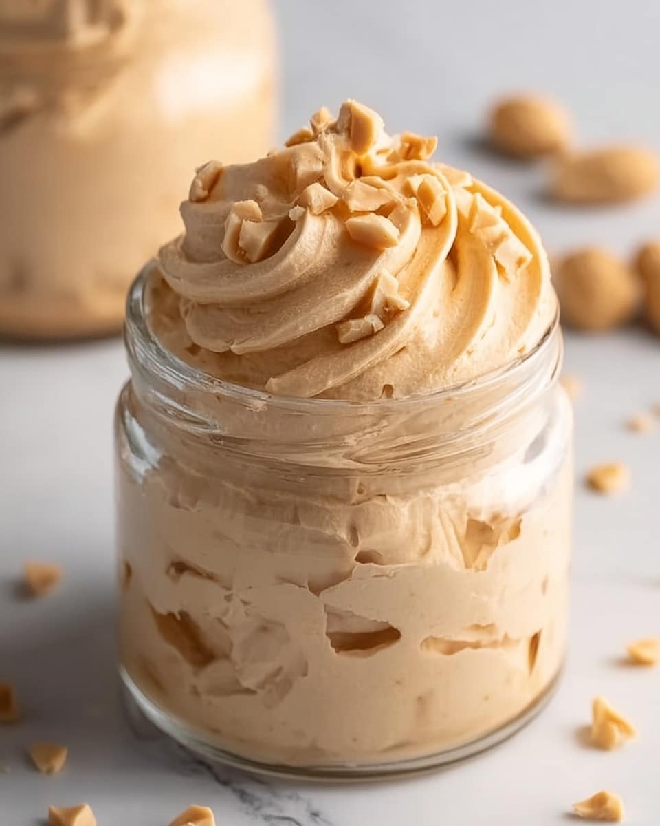 The image shows a clear glass jar filled with a thick, creamy, light brown spread with a whipped texture, swirled smoothly inside the jar. The top layer is decorated with small, roughly chopped nut pieces scattered gently over the creamy surface. The background has a white marbled texture that contrasts softly with the jar and its contents. Photo taken with an iphone --ar 4:5 --v 7