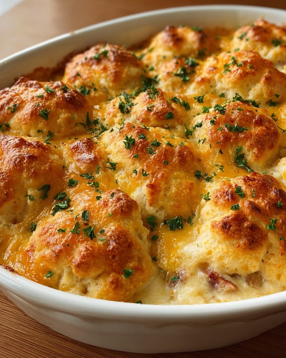 A white rectangular baking dish holds a baked casserole featuring a top layer of golden-brown biscuit dough pieces with a slightly crispy and bubbly texture. The biscuit tops are sprinkled with finely chopped green herbs, adding a fresh contrast. Underneath, a creamy, cheesy sauce is visible, with hints of melted cheese bubbling around the biscuit edges. Small patches of browned cheese and bits of ham or bacon peek through the creamy base, creating a rich and hearty look. The casserole dish is set on a wooden surface with a white marbled texture in the background. photo taken with an iphone --ar 4:5 --v 7