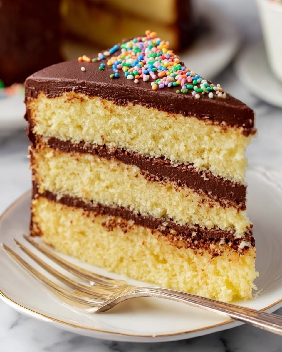 A close-up view of a slice of three-layer yellow cake on a white plate, each yellow cake layer soft and fluffy with small air pockets clearly visible. Between the three layers, there are thin, smooth layers of dark chocolate frosting. The top of the cake is covered with a thick, even layer of the same dark chocolate frosting, which looks creamy and smooth. Small colorful sprinkles are visible around the edge of the cake slice. A silver fork rests on the plate near the cake, and the background has a white marbled texture. Photo taken with an iphone --ar 4:5 --v 7