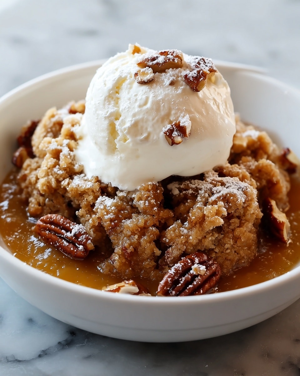 The image shows a dessert in a white bowl with three distinct layers. The bottom layer is a gooey, caramel-like sauce with a golden-brown color. On top of that is a crumbly, light brown cake or crumble mixed with whole pecans that add texture and a darker brown color. The top layer is a creamy white scoop of ice cream, dusted lightly with powdered sugar and small bits of pecan, making the dessert look rich and inviting. The scene is set on a white marbled surface. photo taken with an iphone --ar 4:5 --v 7