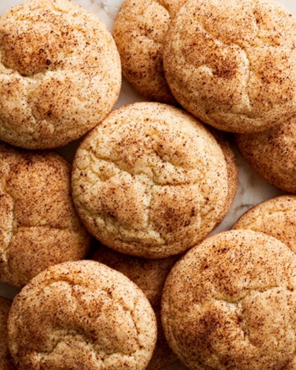 The image shows a close-up of several round, soft cookies stacked closely together on a white marbled surface. The cookies have a light golden-brown color with a slightly cracked and rough texture on top, sprinkled evenly with a dusting of cinnamon and sugar that gives a speckled appearance. Each cookie looks thick and fluffy with gentle cracks and crevices that add to the homemade look, and the overall arrangement appears cozy and plentiful. photo taken with an iphone --ar 4:5 --v 7