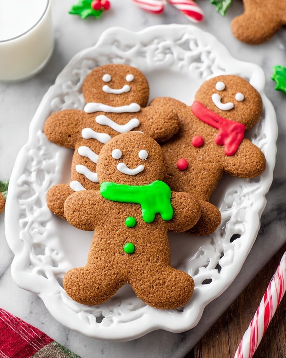There are four gingerbread cookies shaped like people lying on a white decorative plate. Each cookie has a light brown textured surface with small cracks. Every cookie has white icing eyes, a smiling mouth, and two buttons on the front. Two cookies have icing scarves, one bright green and one bright red, draped around their necks. The plate is placed on a white marbled surface with some green holly-shaped candies scattered around it. In the background, red and white striped candy canes and a glass of milk are slightly out of focus. photo taken with an iphone --ar 4:5 --v 7
