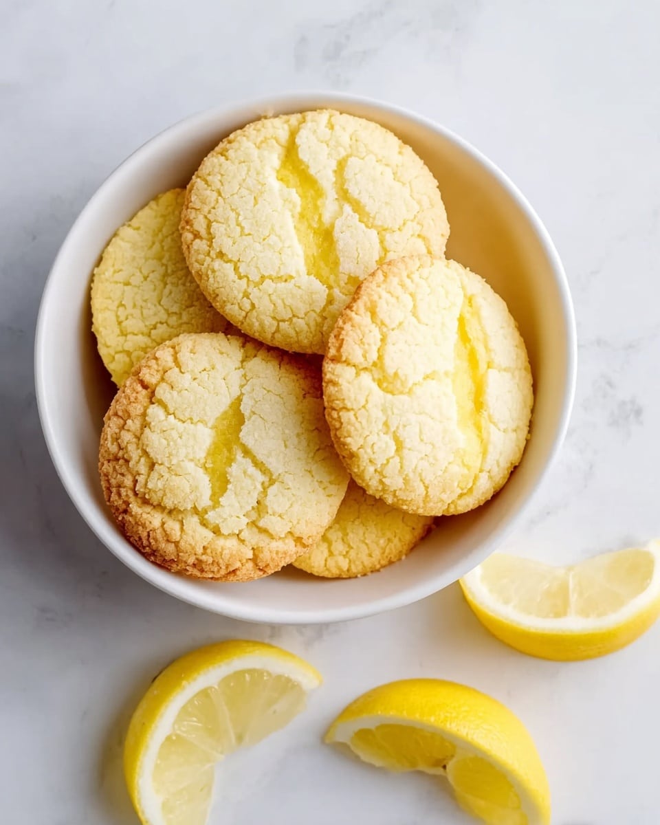 A white bowl filled with five round lemon cookies that have a slightly cracked texture and golden brown edges, with two bright yellow lemon wedges placed inside the bowl among the cookies; the bowl is set on a white marbled surface and there are two more lemon wedges outside the bowl, one on each side. photo taken with an iphone --ar 4:5 --v 7