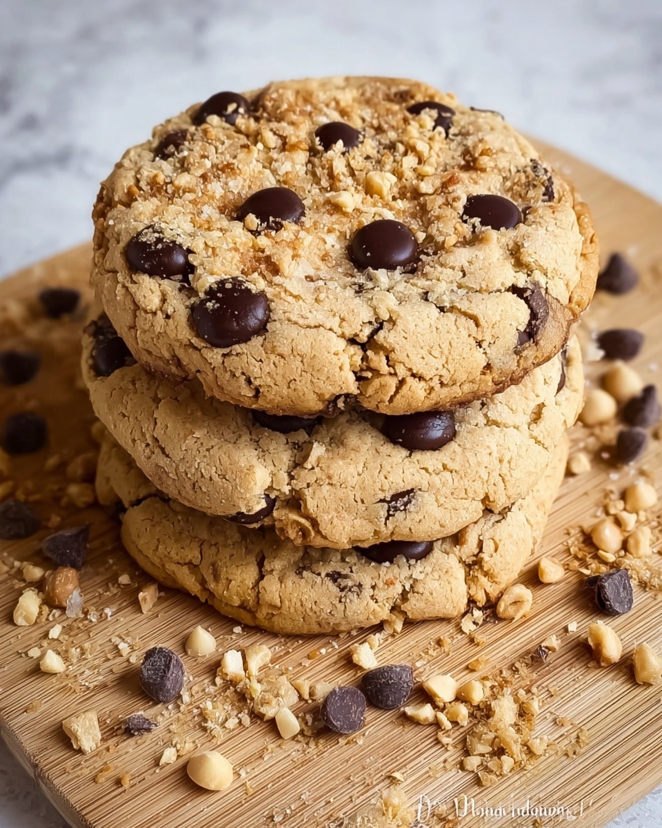 A close-up view of three large, round chocolate chip cookies stacked slightly overlapping on a light wooden board. The cookies have a golden-brown color with large dark chocolate chips visible on the surface. Around the cookies, there are scattered light beige crunchy bits and several loose chocolate chips, adding texture and detail. The surface under the board is a white marbled texture. photo taken with an iphone --ar 4:5 --v 7