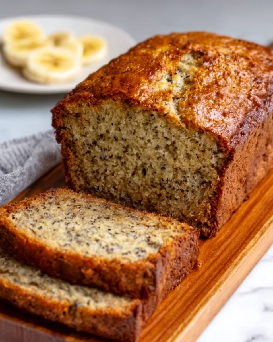 A sliced banana bread loaf sits centered on a wooden cutting board. The bread has a golden-brown top with a rustic, slightly rough texture, and the inside is light tan with small, dark specks spread evenly through the soft, moist crumb. Two even slices lie in front of the loaf, showing the textured layers inside. The cutting board is placed on a white marbled surface, with a white plate holding two banana slices blurred in the background. The lighting is natural and warm, highlighting the bread's moist, tender appearance. photo taken with an iphone --ar 4:5 --v 7