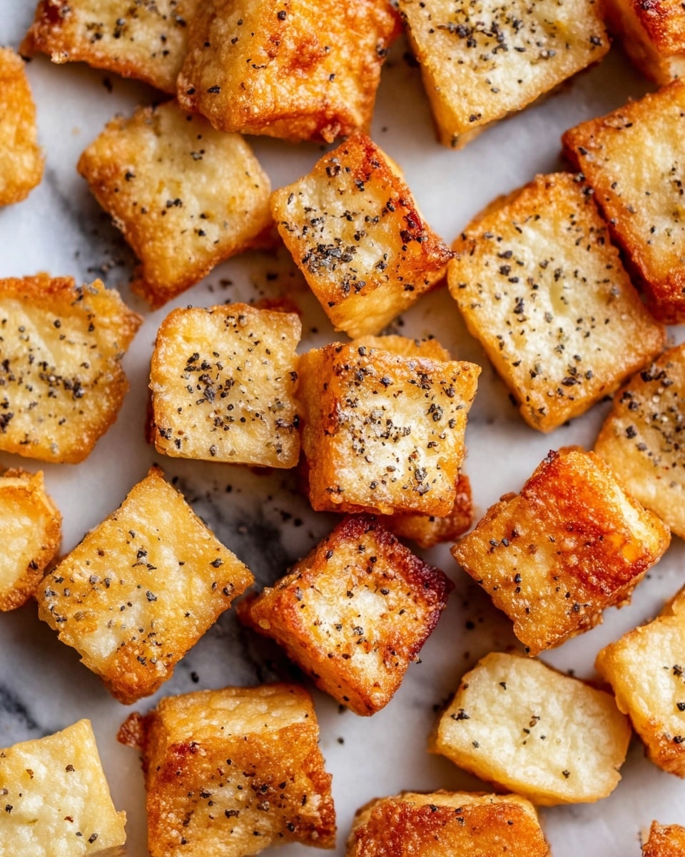 The image shows many small square pieces of crispy fried tofu scattered closely together on a white marbled surface. Each tofu piece has a golden-brown crunchy outer layer and a lighter, soft inner texture visible on some sides. The tops of the tofu pieces are sprinkled with coarse black pepper, adding tiny black specks. The edges of the tofu appear slightly darker and crispier, giving a crunchy look. Photo taken with an iphone --ar 4:5 --v 7