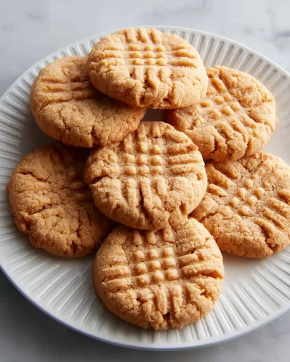The image shows a white plate on a white marbled surface, filled with seven round peanut butter cookies. Each cookie has a light golden-brown color with a soft, crumbly texture and a crisscross fork pattern pressed into the top surface. The cookies are stacked in a slightly overlapping, casual arrangement that highlights their thickness and homemade look. photo taken with an iphone --ar 4:5 --v 7