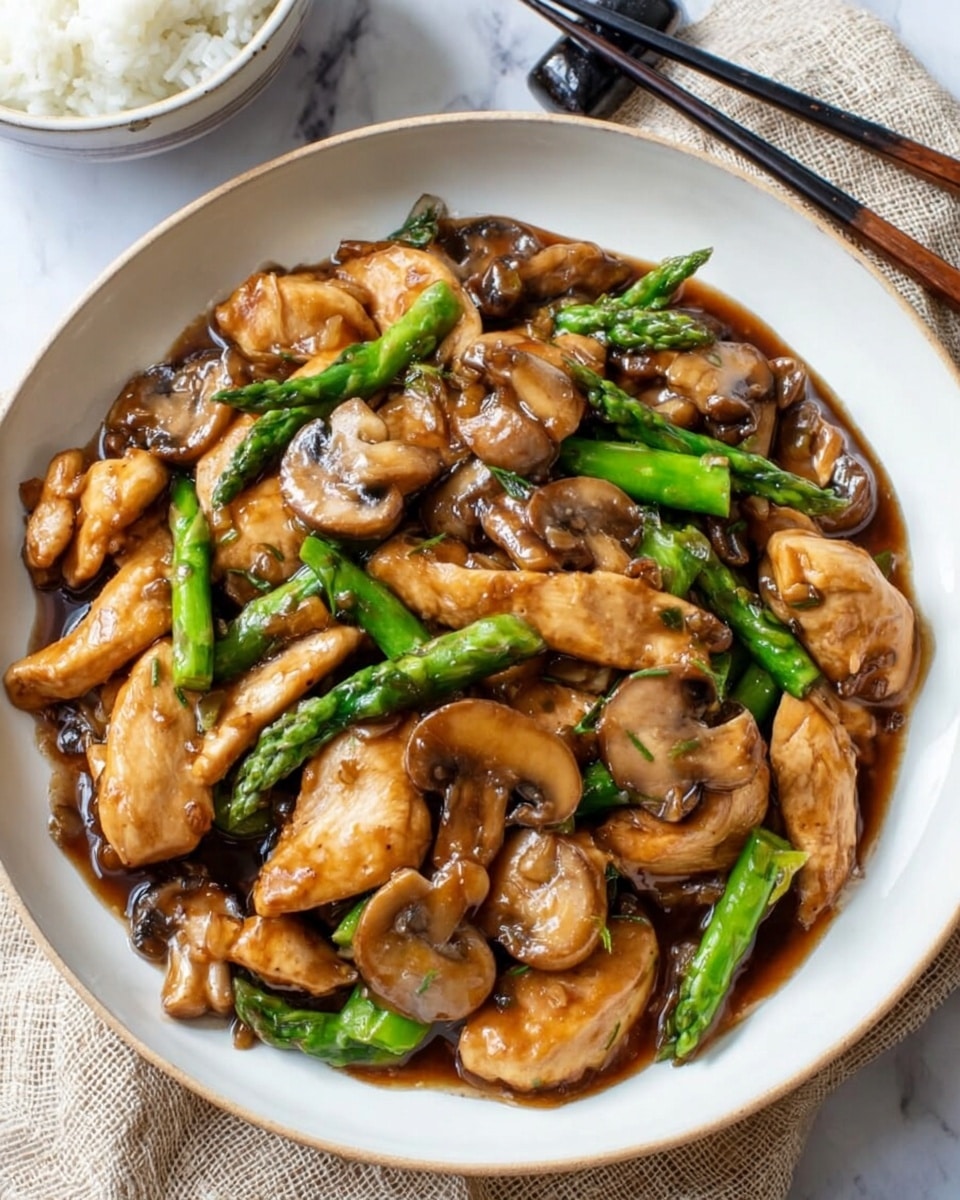 A white round plate filled with a one-layer dish of bite-sized cooked chicken pieces and sliced mushrooms coated in a shiny brown sauce, mixed with vibrant green vegetable pieces scattered evenly. The dish sits on a white marbled textured surface with a black bowl of white rice slightly visible on the top left and a pair of black chopsticks placed diagonally on the top right. photo taken with an iphone --ar 4:5 --v 7