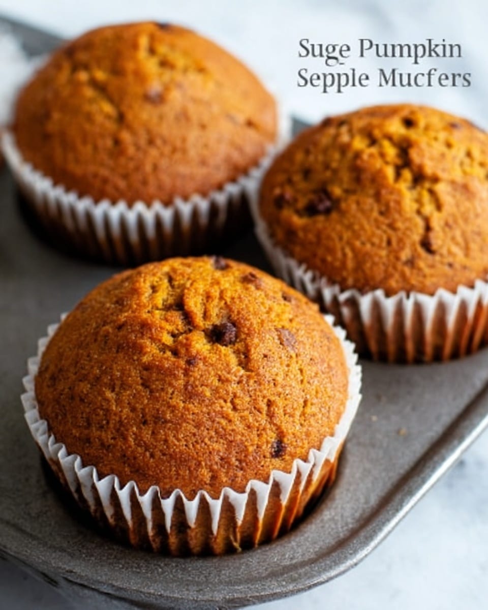 The image shows three golden brown pumpkin spice muffins with a slightly cracked top texture, each sitting in white paper liners on a baking tray. The muffins have a soft, moist appearance with small dark spots hinting at spices or chocolate chips inside. The overall scene is simple and cozy, with the muffins positioned close together. The background is a white marbled texture. photo taken with an iphone --ar 4:5 --v 7