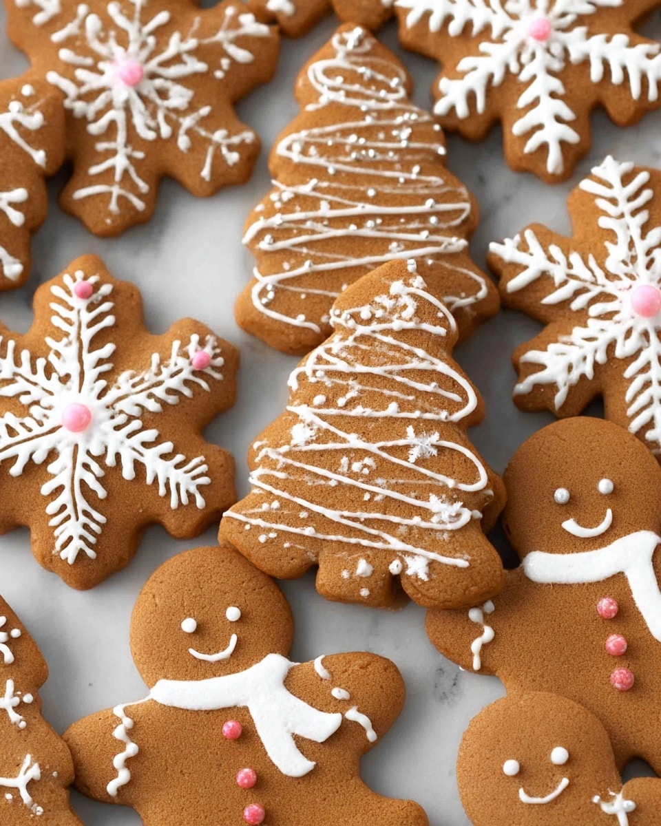 The image shows a pile of gingerbread cookies on a white marbled surface, each decorated with white icing and small pink and red candy dots. The cookies include various shapes such as Christmas trees with white icing swirled like garlands and dotted with tiny pink candy stars, snowflakes decorated with intricate white icing patterns resembling delicate branches, and smiling gingerbread people with simple white icing faces, scarves, and two small red buttons. The gingerbread has a warm brown color with a slightly rough texture, and the white icing highlights the details on each cookie vividly. Photo taken with an iphone --ar 4:5 --v 7