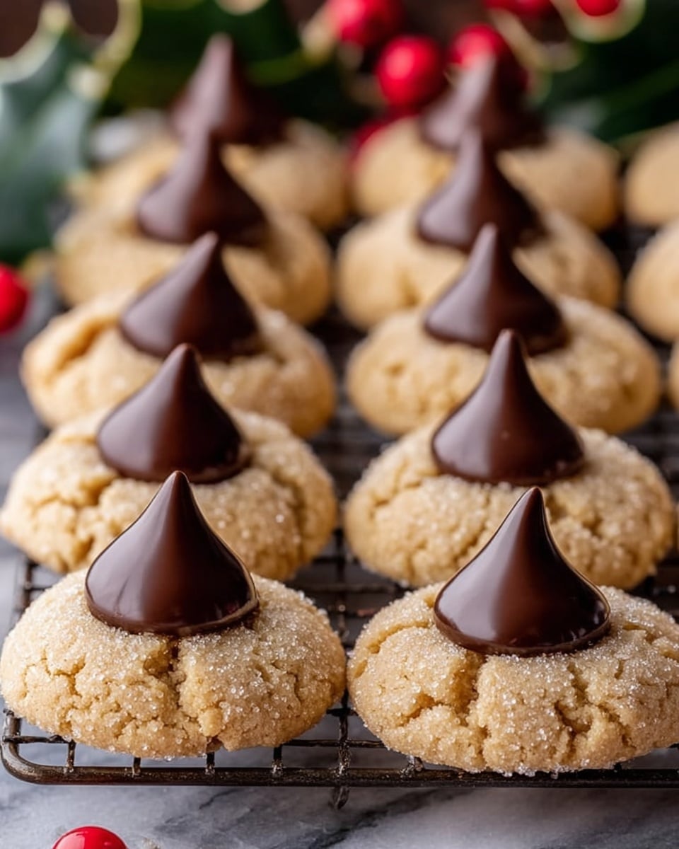 The image shows two rows of round, golden-brown cookies on a wire rack placed on a white marbled surface. Each cookie has a cracked texture and is topped with a smooth, dark brown, teardrop-shaped chocolate piece standing upright in the center. The cookies have a slightly rough, sugar-coated look, and behind them are blurred green leaves and red berries, adding a festive feel. photo taken with an iphone --ar 4:5 --v 7