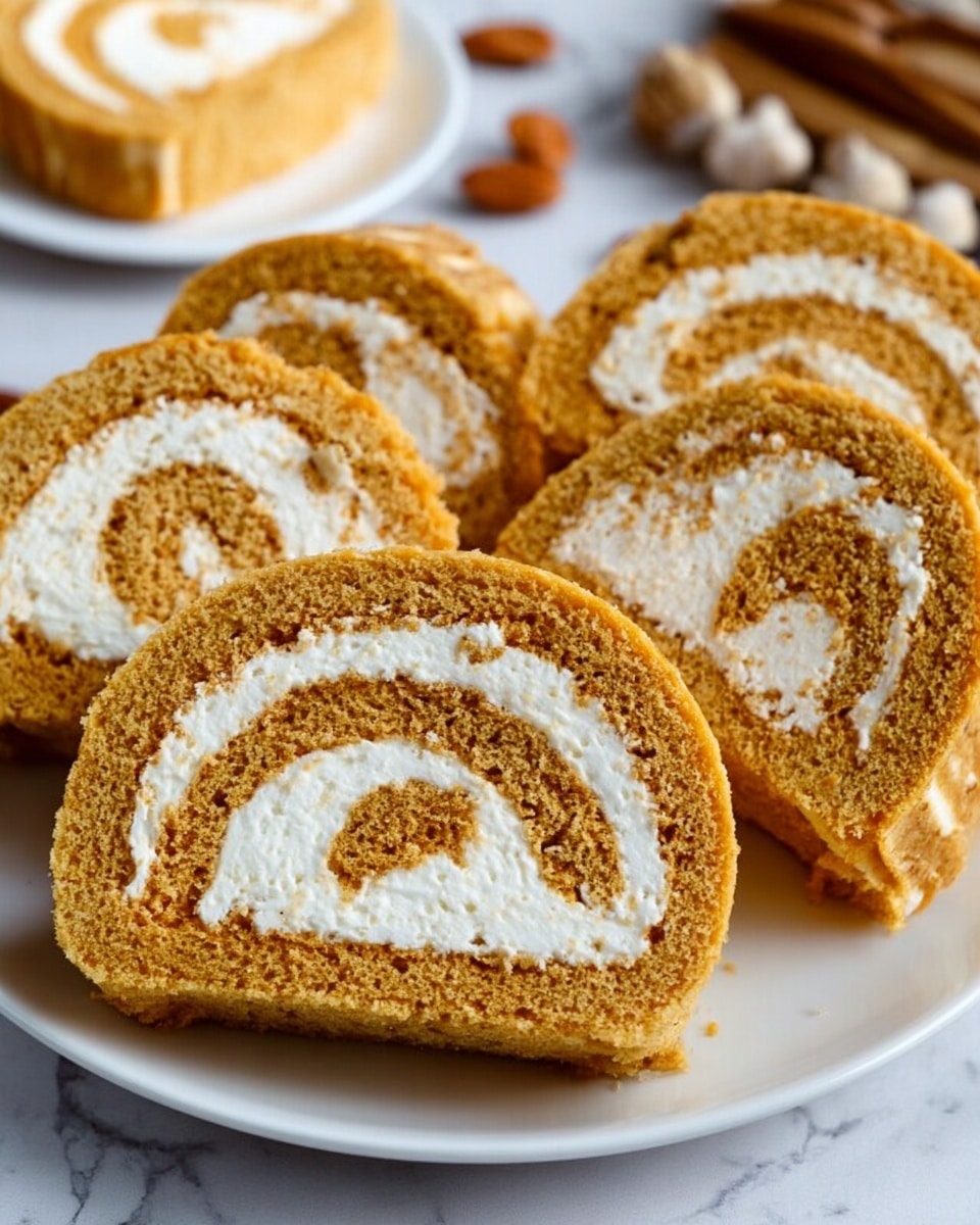 The image shows several slices of a rolled cake placed on a white plate with a white marbled surface underneath. The cake has two visible layers: a thick, soft, light brown layer with a textured sponge cake look, and a white creamy layer swirled inside it, creating a spiral pattern in each slice. The edges of the cake slices are dusted with a light coating of white powder. In the background, there is another slice on a small white plate and some star anise as decoration. The lighting is bright, highlighting the soft texture and colors of the cake. photo taken with an iphone --ar 4:5 --v 7