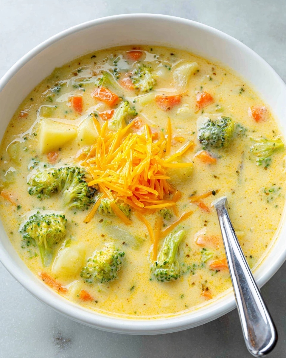 A white bowl is filled with creamy soup that has a thick texture. Inside the soup, there are small green broccoli florets, orange carrot cubes, and pale yellow potato pieces, all mixed well in the light yellowish broth. On top in the middle, there is a heap of bright orange shredded cheddar cheese. A silver spoon rests on the right side inside the bowl, partially submerged in the soup. The bowl is set on a white marbled surface. photo taken with an iphone --ar 4:5 --v 7