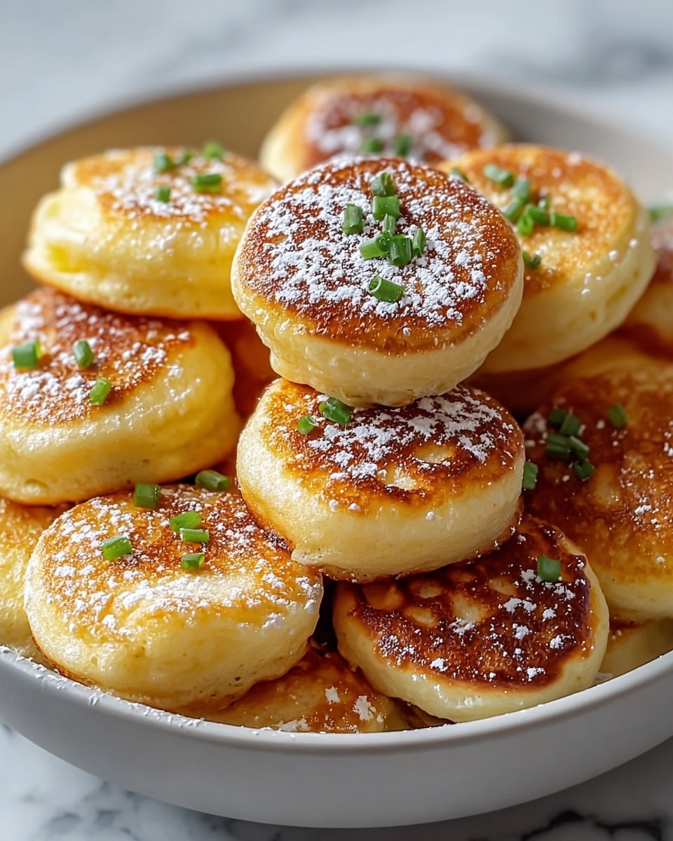 The image shows a white bowl filled with several small, round, golden pancakes stacked irregularly. Each pancake has a soft, fluffy texture with a lightly browned, crispy top layer. The pancakes are dusted evenly with a layer of white powdered sugar. Small green chopped pieces, likely green onions, are scattered on and around the pancakes, adding a bright contrast. The bowl sits on a white marbled surface, enhancing the warm colors of the pancakes. photo taken with an iphone --ar 4:5 --v 7