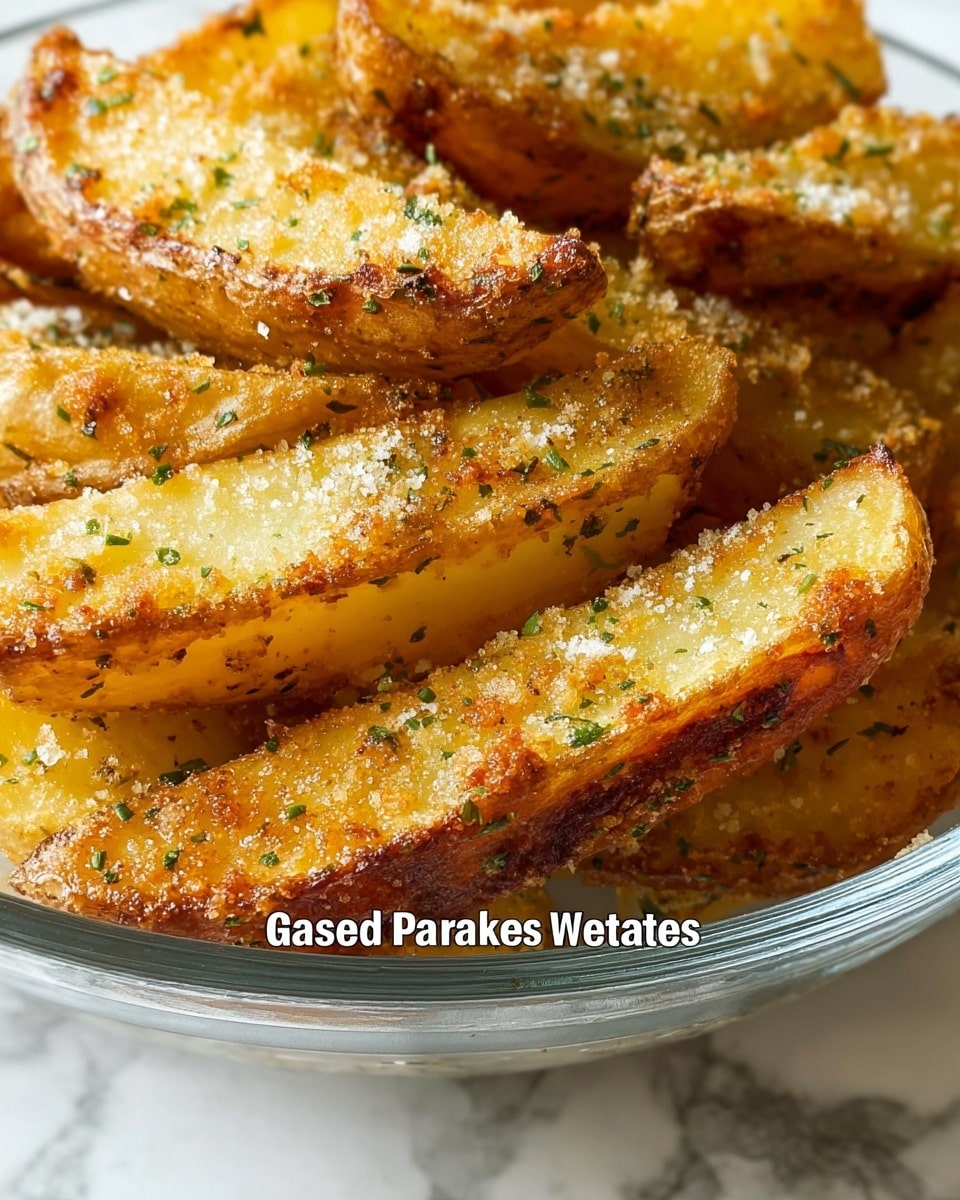 Close-up view of a clear glass dish filled with golden baked potato wedges. The wedges are thick with a crispy and slightly browned outer layer, sprinkled generously with finely chopped herbs and grated Parmesan cheese, creating a speckled texture of green and white on the warm yellow potatoes. The surface beneath the dish is a white marbled texture, adding a clean and bright background to the rustic look of the potato wedges. The light catches the crispy edges well, showing a mix of soft and crunchy textures. Photo taken with an iphone --ar 4:5 --v 7